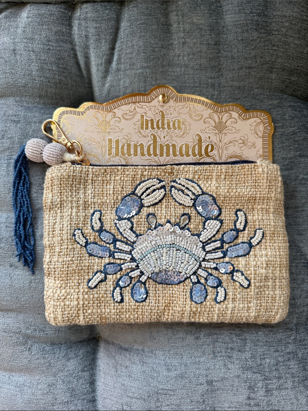 Handmade in India Beige Beaded Crab Clutch clip with Navy  white Accents